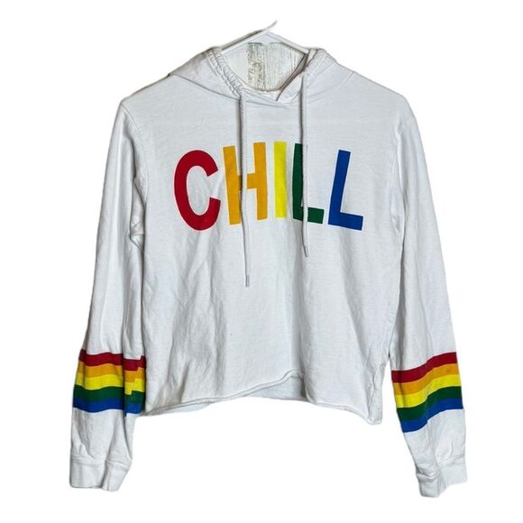 On Fire CHILL rainbow hooded pride long sleeve Cropped Top size Large - Picture 1 of 4